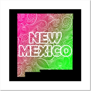 Colorful mandala art map of New Mexico with text in pink and green Posters and Art